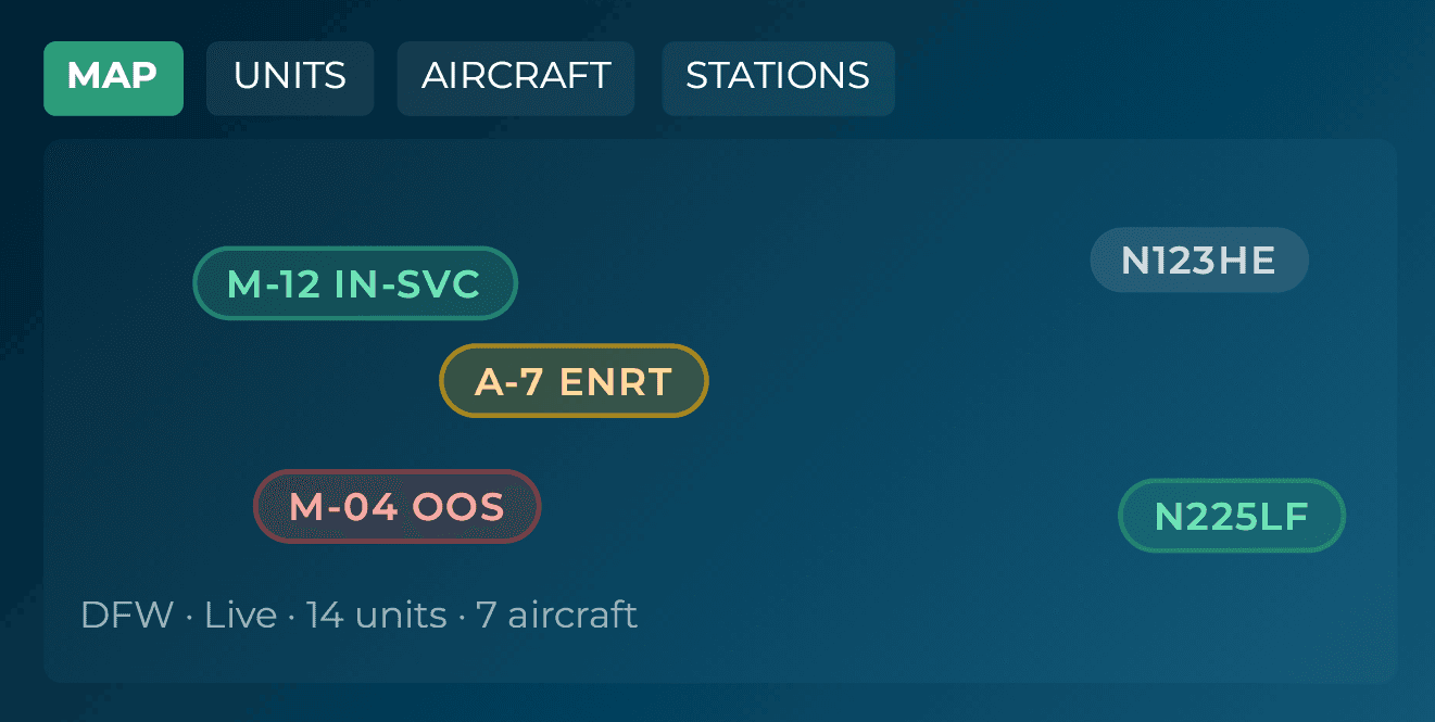 AI Schedule LIVE operations map on mobile, showing live ground unit GPS and aircraft tracking