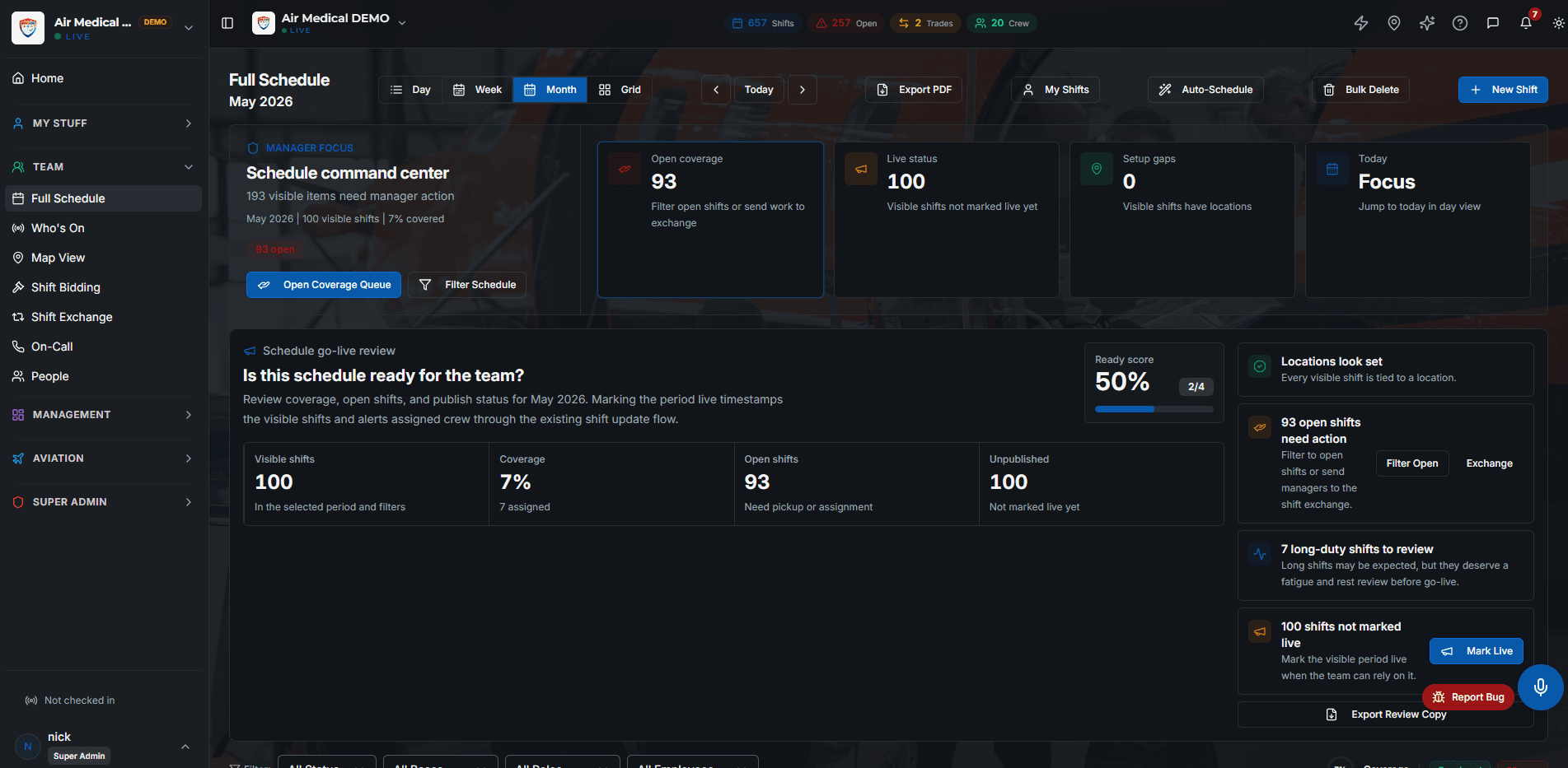 AI Schedule LIVE scheduler grid showing two-week shift coverage and ranked candidate fills