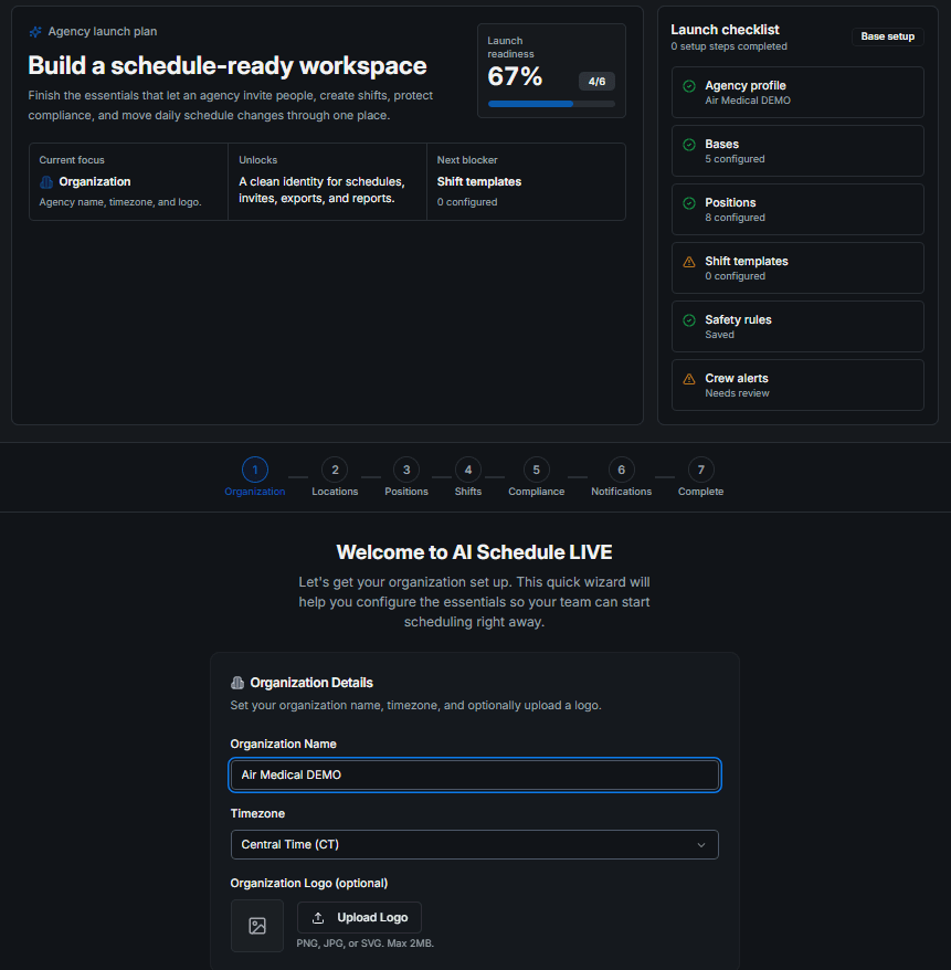AI Schedule LIVE industry vertical template selector — EMS, Fire, Air Medical, Hospital, Law Enforcement