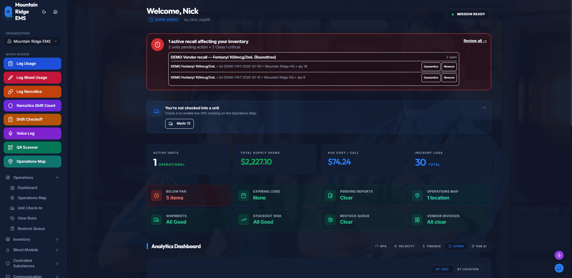 EMS Track LIVE real-time alerts panel with low stock and expiring lot notifications