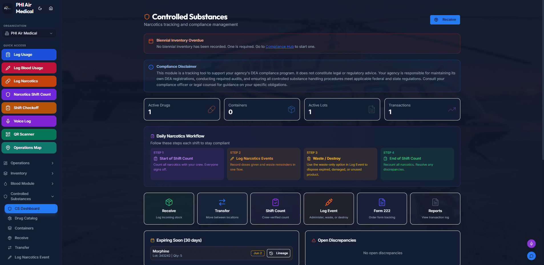 EMS Track LIVE controlled substances module showing DEA-compliant counts and chain of custody