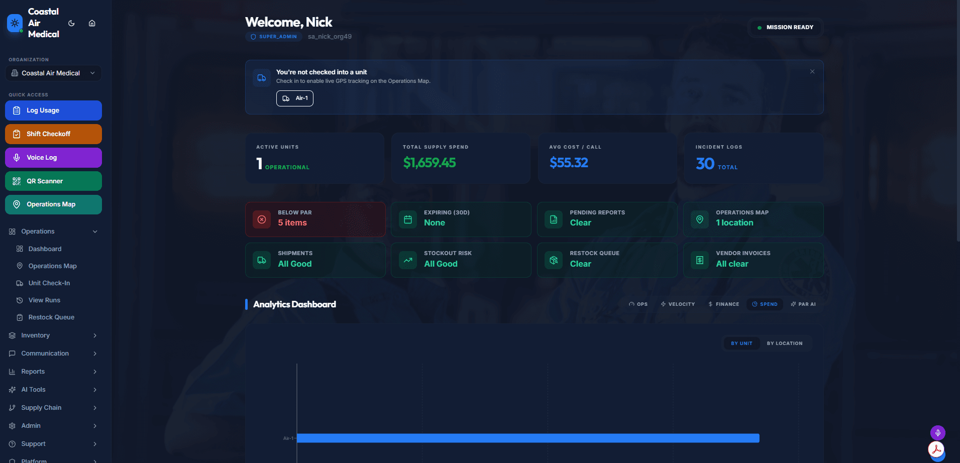 EMS Track LIVE operations dashboard showing live inventory across stations, units, and lots