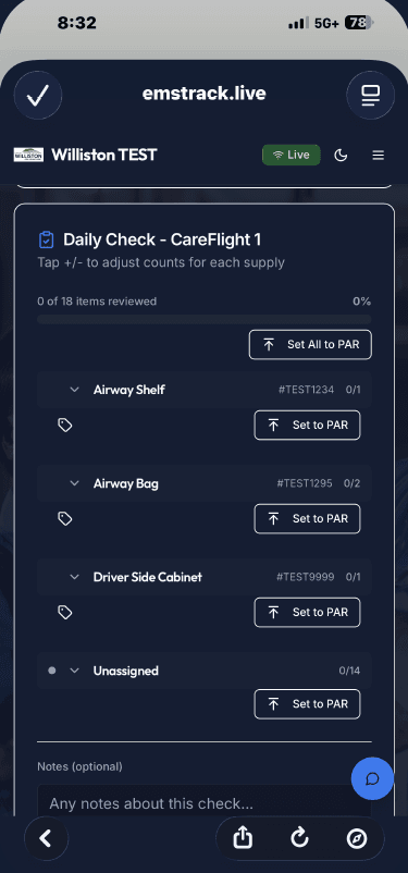 EMS Track LIVE daily PAR check on mobile, with per-compartment supply counts