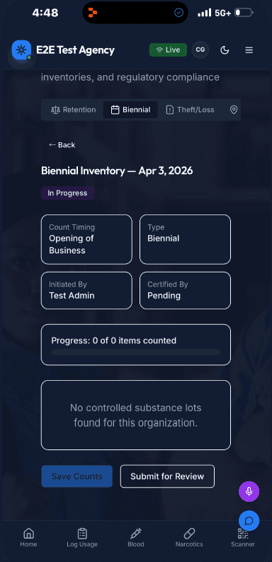 EMS Track LIVE mobile biennial narcotic count flow with dual-witness sign-off
