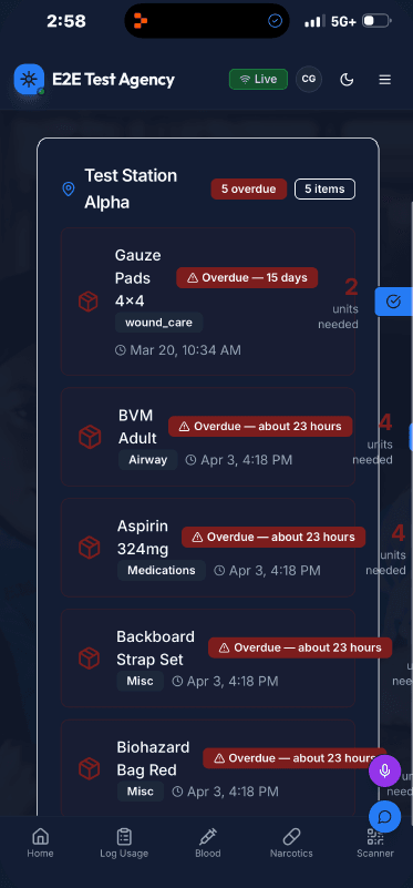 EMS Track LIVE mobile overdue restock list with priority ordering